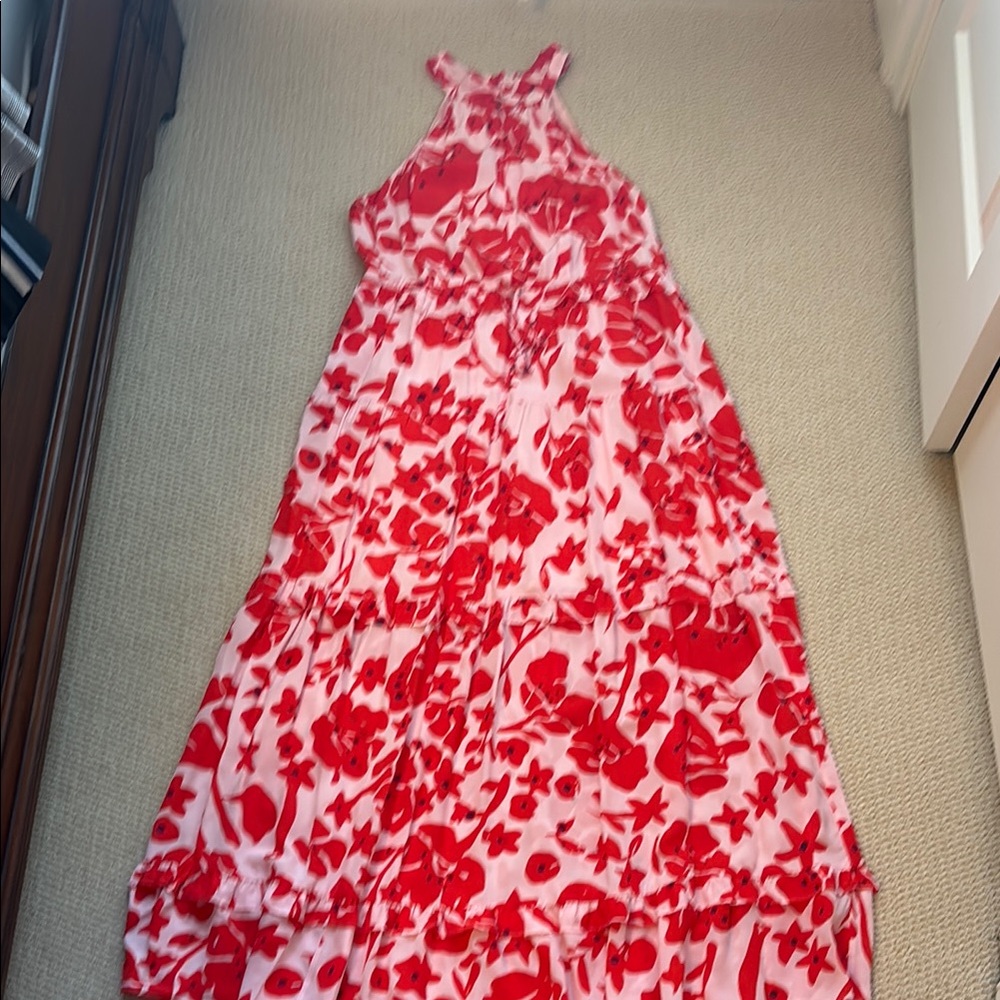 Red and White Floral Halter Maxi Dress for Resort Wear